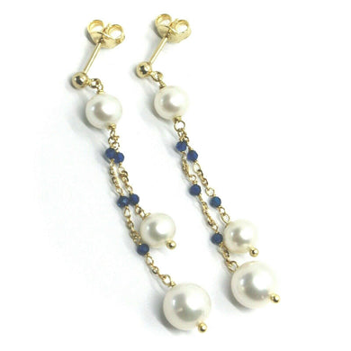 18k yellow gold pendant earrings, double wire fw pearls and blue cubic zirconia.