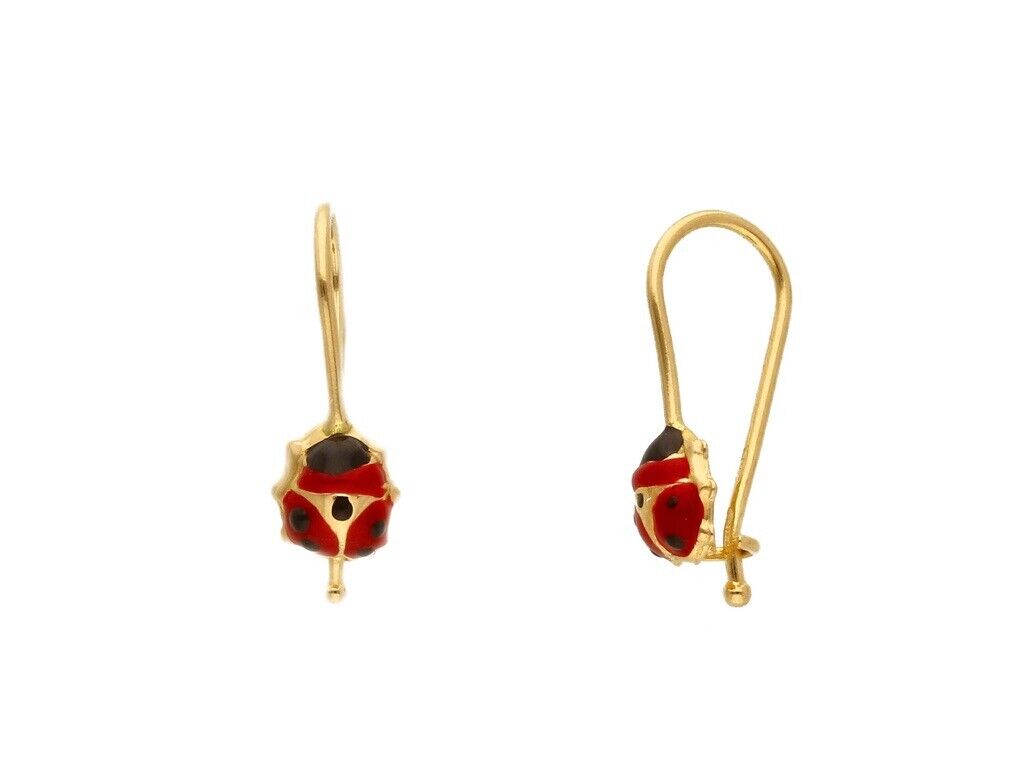 18k yellow gold small puffed 5mm ladybug pendant enamel earrings, hook closure.