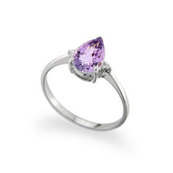 SOLID 18K WHITE GOLD ORSINI RING WITH CENTRAL DROP AMETHYST AND DIAMONDS.