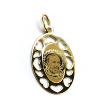 Load image into Gallery viewer, 18k yellow gold oval flat medal 16x23mm Saint Pio of Pietrelcina hearts pendant.
