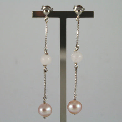 SOLID 18K WHITE GOLD EARRINGS, WITH PINK PEARL AND PINK QUARTZ,  MADE IN ITALY.