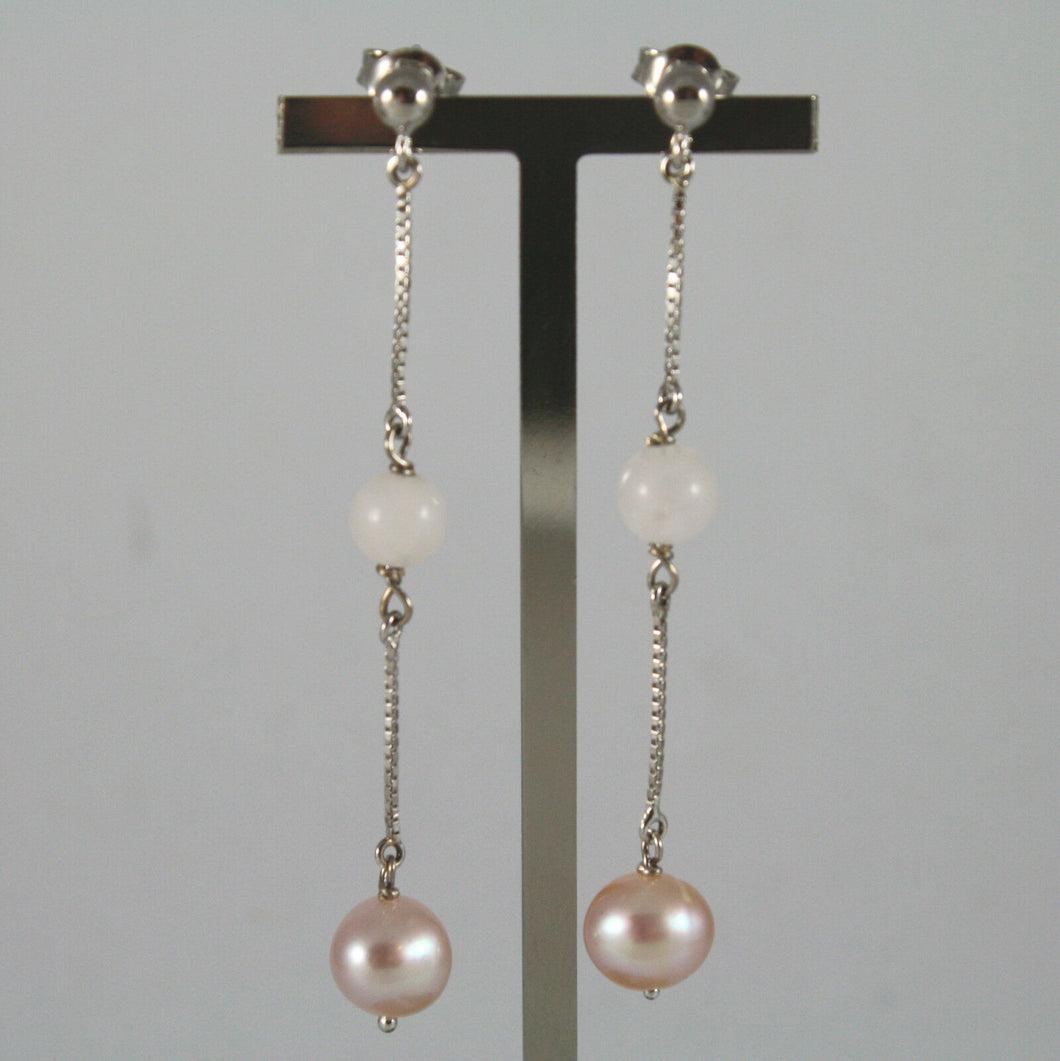 SOLID 18K WHITE GOLD EARRINGS, WITH PINK PEARL AND PINK QUARTZ,  MADE IN ITALY