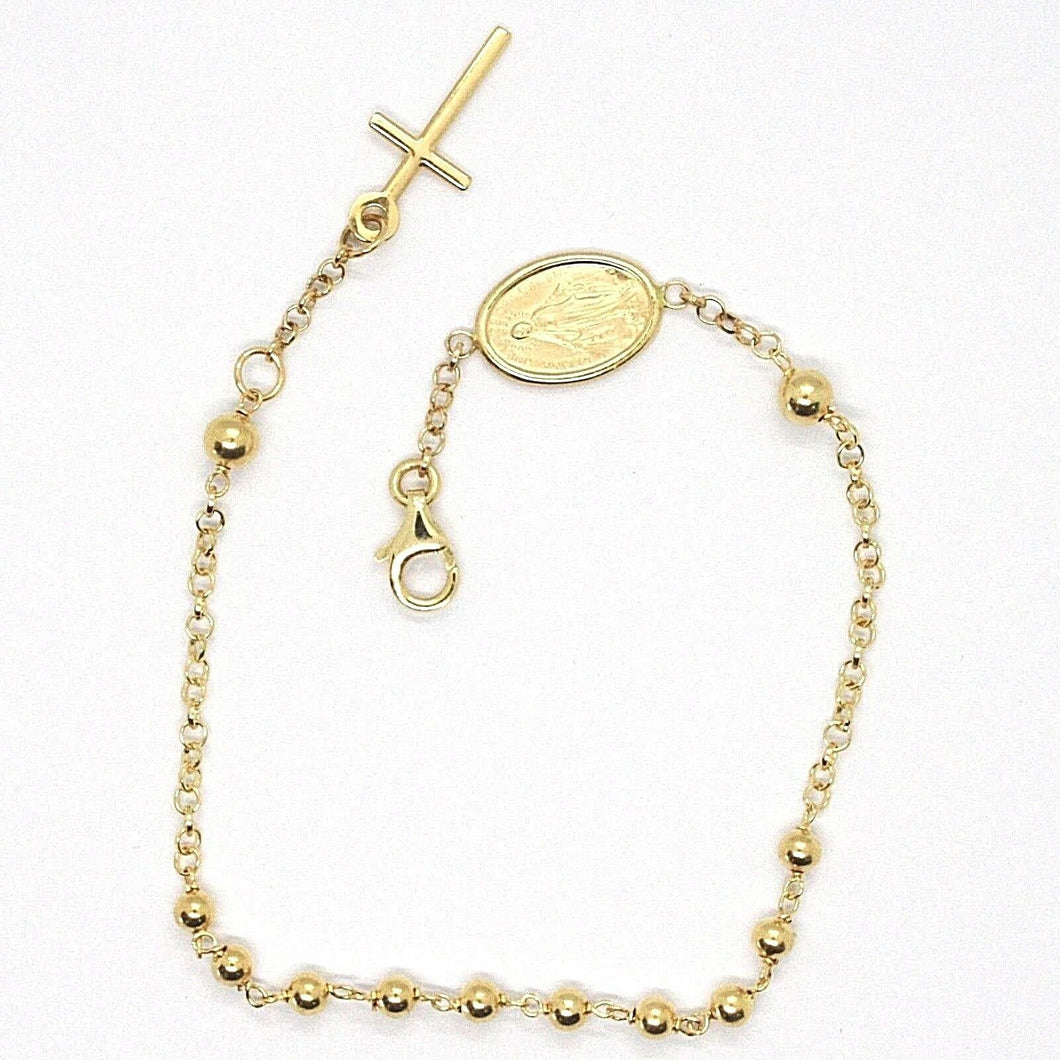 18k yellow gold rosary bracelet, 3 mm spheres, Cross & miraculous medal.