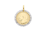 18K YELLOW WHITE GOLD PENDANT ROUND MEDAL JESUS FACE 17mm WITH WORKED FRAME.