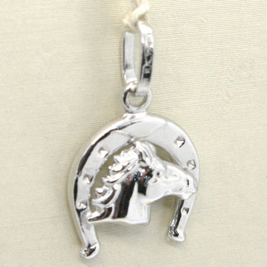 18k white gold horseshoe and horse charm pendant smooth bright made in Italy.