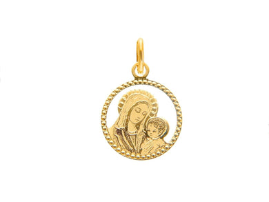 18K YELLOW GOLD MEDAL 15mm ROUND PENDANT, VIRGIN MARY & JESUS, DOTTED FRAME.