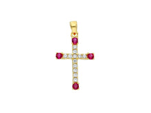 Load image into Gallery viewer, 18K YELLOW GOLD SMALL 12mm CROSS WITH WHITE &amp; RED ROUND CUBIC ZIRCONIA.
