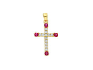 18K YELLOW GOLD SMALL 12mm CROSS WITH WHITE & RED ROUND CUBIC ZIRCONIA.