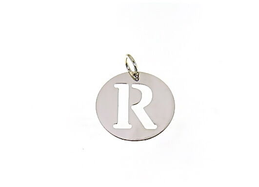 18k white gold round medal with initial r letter r made in Italy diameter 0.5 in.