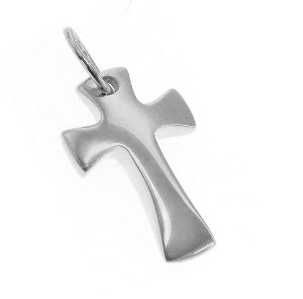 SOLID 18K WHITE GOLD SMALL CROSS, ROUNDED 18mm, SMOOTH, CURVED, MADE IN ITALY