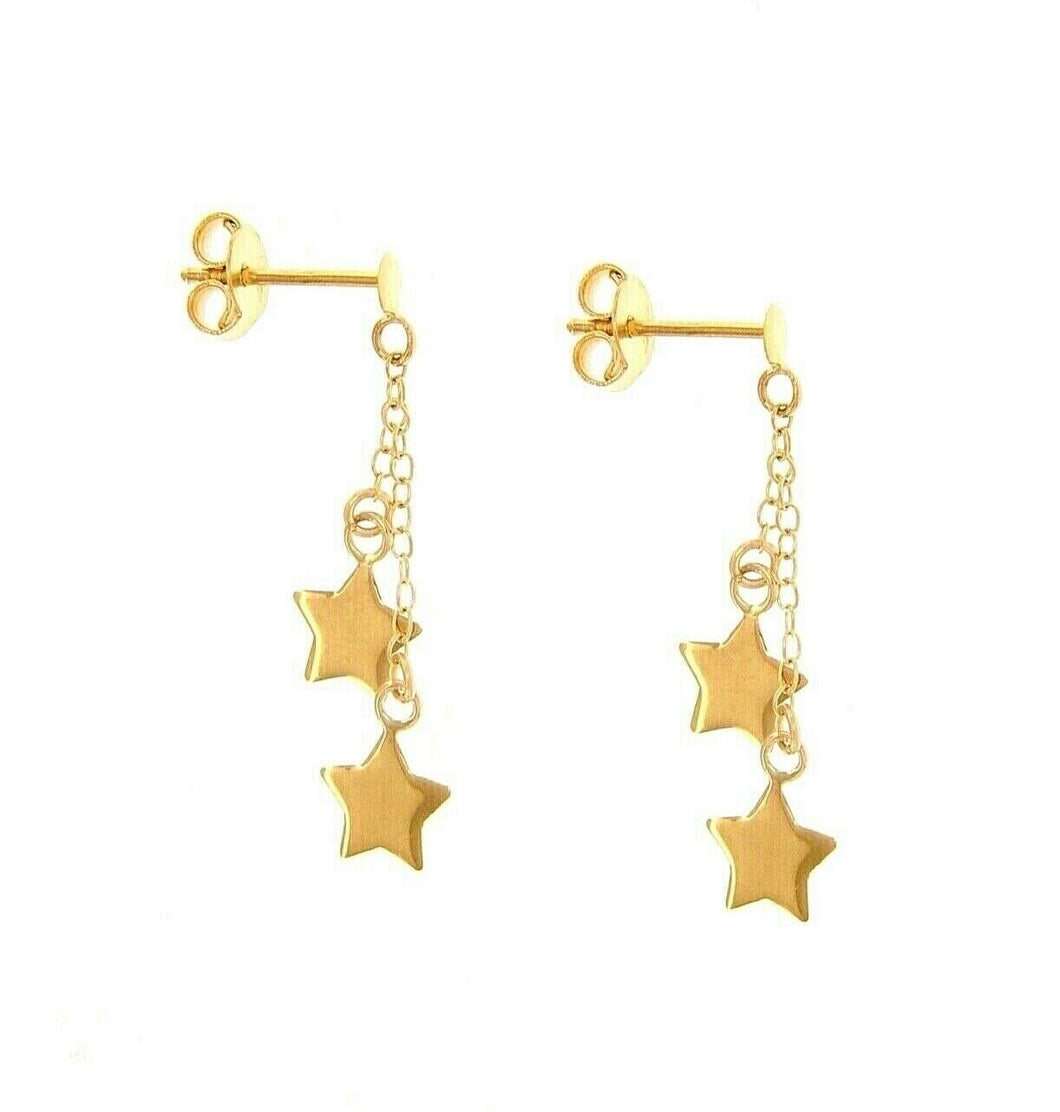 SOLID 18K YELLOW GOLD EARRINGS, DOUBLE PENDANT, FLAT 6mm STARS, LENGTH 3cm 1.2