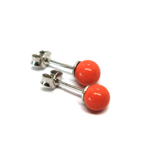 Load image into Gallery viewer, 18k white gold balls spheres red reconstructed coral button earrings 6mm, 0.24&quot;.
