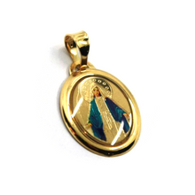 Load image into Gallery viewer, 18k yellow gold enamel oval Miraculous medal pendant 17x15mm Virgin Mary Madonna.
