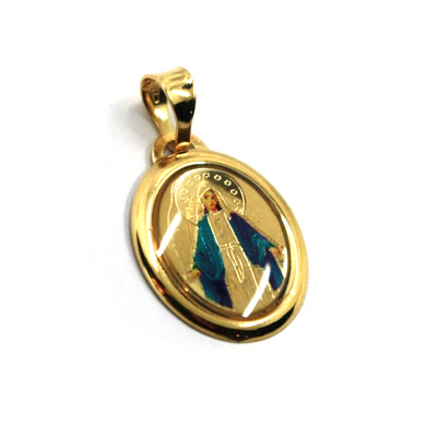 18k yellow gold enamel oval Miraculous medal pendant 17x15mm Virgin Mary Madonna.