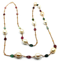 Load image into Gallery viewer, 18k rose gold long necklace rolo chain, big 12mm pearls &amp; tourmaline drops 35.4&quot;.
