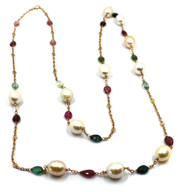 18k rose gold long necklace rolo chain, big 12mm pearls & tourmaline drops 35.4