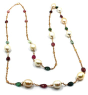 18k rose gold long necklace rolo chain, big 12mm pearls & tourmaline drops 35.4