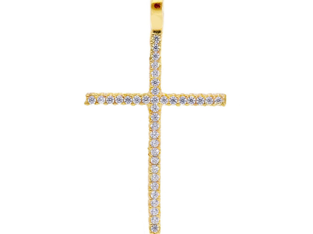 18K YELLOW GOLD 30mm CROSS WITH WHITE ROUND CUBIC ZIRCONIA