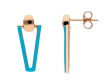 Load image into Gallery viewer, 18K ROSE GOLD BLUE ENAMEL TRIANGULAR 23mm PENDANT TUBE EARRINGS.
