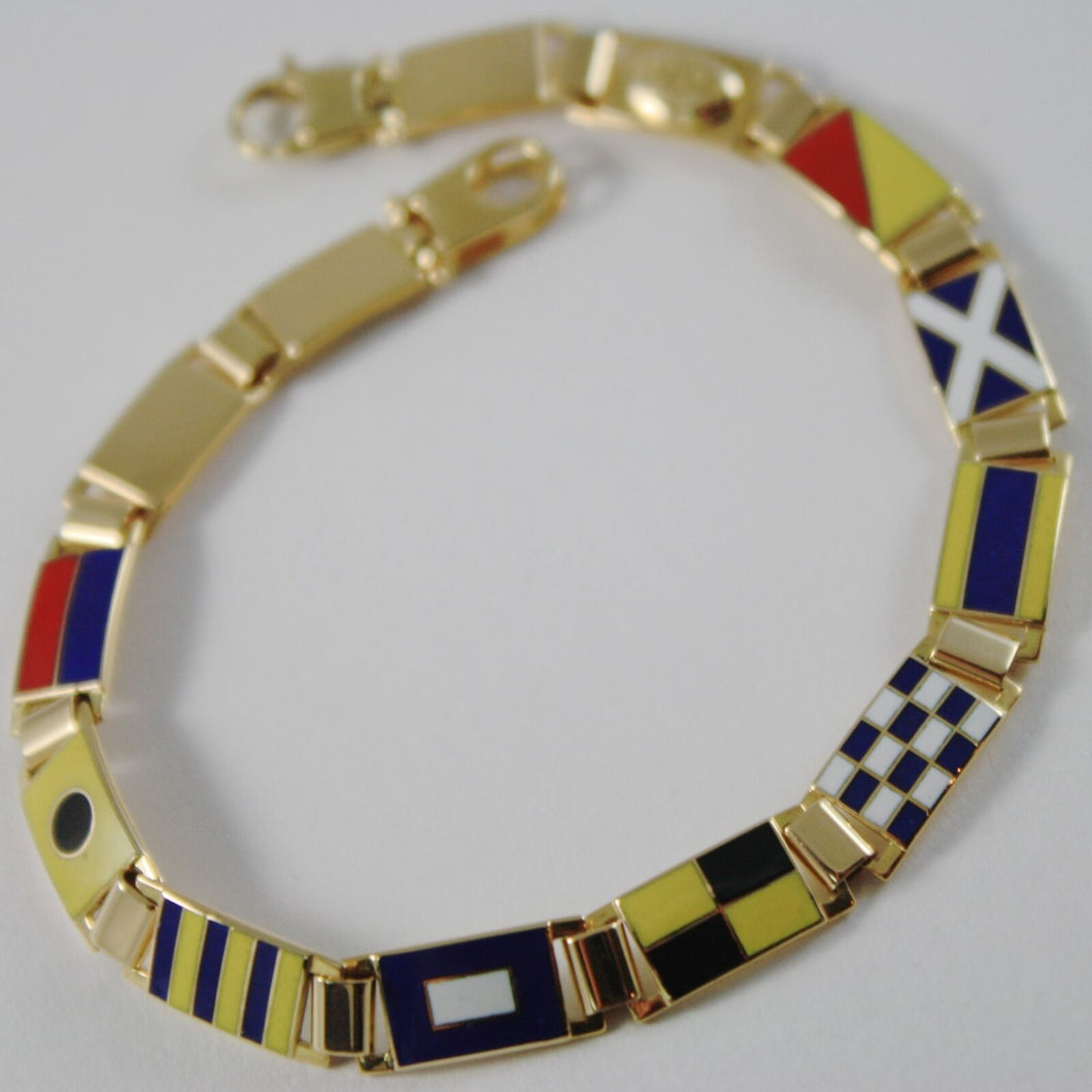 MASSIVE SOLID 18K YELLOW GOLD BRACELET WITH GLAZED NAUTICAL FLAGS, MADE IN ITALY