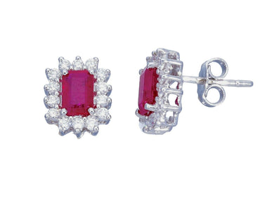 18k white gold flower earrings, diamonds 0.44 & emerald cut red rubies 1.40.