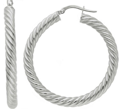 18K WHITE GOLD HOOPS EARRINGS DIAMETER 35mm, TUBE 4mm STRIPED TWISTED BRAIDED.