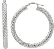 18K WHITE GOLD HOOPS EARRINGS DIAMETER 35mm, TUBE 4mm STRIPED TWISTED BRAIDED.