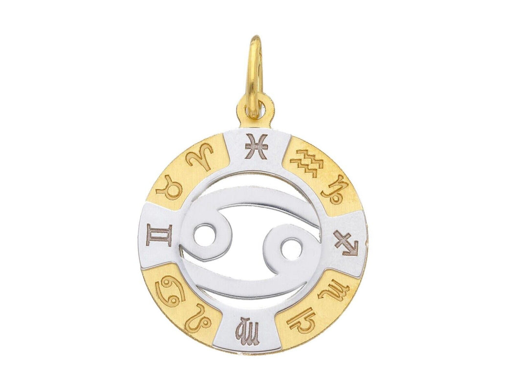 18k yellow white gold zodiac sign round 20mm medal pendant, zodiacal, cancer.