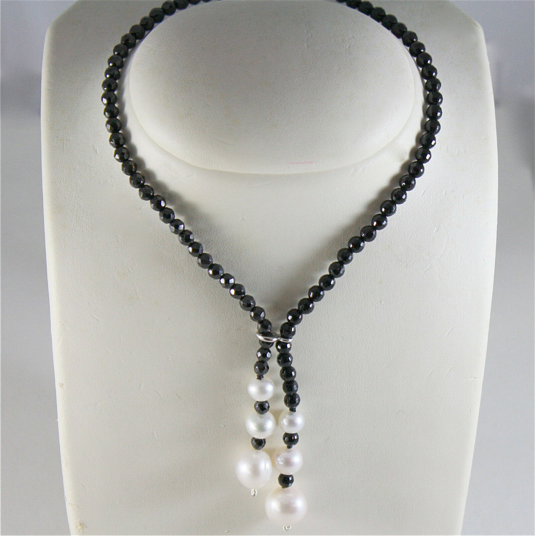 SOLID 18K WHITE GOLD NECKLACE WITH FW PEARLS AND MULTIFACETED ONYX MADE IN ITALY
