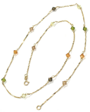 18K YELLOW GOLD NECKLACE, ALTERNATE FACETED MULTI COLOR CRYSTALS SINGAPORE CHAIN.