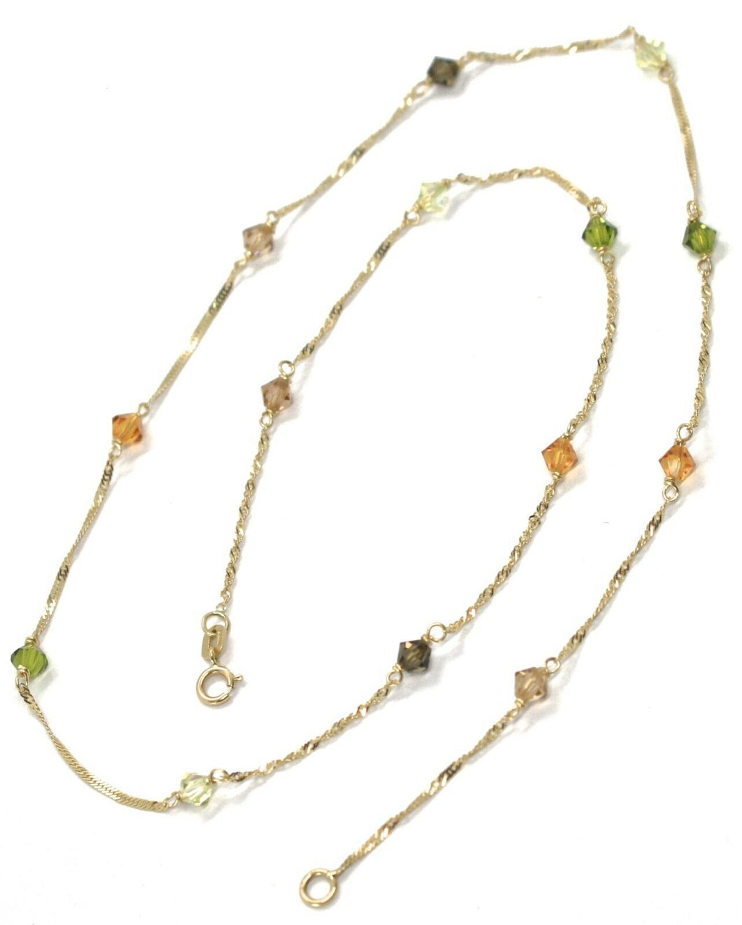 18K YELLOW GOLD NECKLACE, ALTERNATE FACETED MULTI COLOR CRYSTALS SINGAPORE CHAIN