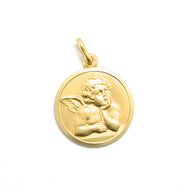 solid 18k yellow gold Guardian Angel small 13mm medal, pendant, very detailed.