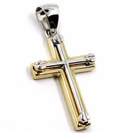 18K YELLOW WHITE GOLD SQUARE TUBE DOUBLE CROSS, 3 CM 1.2 INCHES MADE IN ITALY.