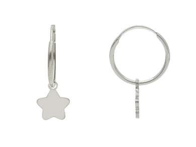18k white gold earrings, round 14mm circle hoops, small pendant 8mm stars.