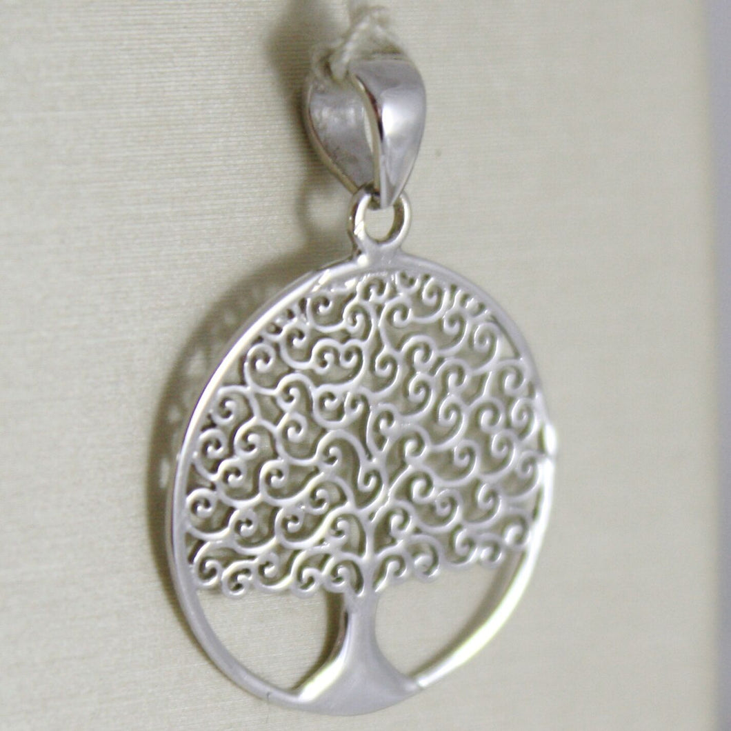 18k white gold tree of life round flat pendant charm, 0.9 inches made in Italy