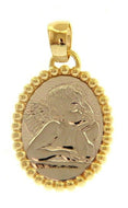 18K YELLOW WHITE GOLD MEDAL OVAL PENDANT, GUARDIAN ANGEL WITH FRAME.