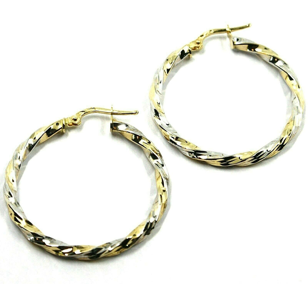 18K YELLOW WHITE GOLD CIRCLE HOOPS PENDANT EARRINGS, 3 cm x 3mm TWISTED, BRAIDED.