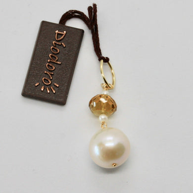 SOLID 18K YELLOW GOLD PENDANT WITH WHITE FW PEARL AND BEER QUARTZ MADE IN ITALY.