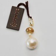 SOLID 18K YELLOW GOLD PENDANT WITH WHITE FW PEARL AND BEER QUARTZ MADE IN ITALY.