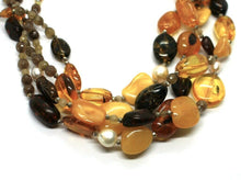 Load image into Gallery viewer, 18K YELLOW GOLD FOUR WIRES NECKLACE DROP PEARLS, ORANGE AMBER, AGATE, 45cm 18&quot;
