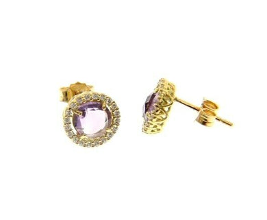 18K YELLOW GOLD EARRINGS CUSHION ROUND PURPLE AMETHYST AND CUBIC ZIRCONIA FRAME.