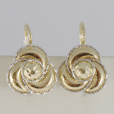 18K YELLOW WHITE GOLD EARRINGS FLOWER FINELY WORKED TWISTED WAVES MADE IN ITALY.