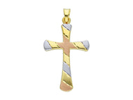 18K YELLOW WHITE ROSE GOLD HOLLOW 23mm CROSS, ROUNDED SATIN WORKED MADE IN ITALY.