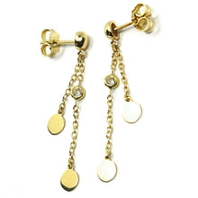 Load image into Gallery viewer, 18K YELLOW GOLD PENDANT EARRINGS, DOUBLE WIRES WITH DISCS &amp; ZIRCONIA 1.5 INCHES.
