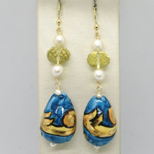 Load image into Gallery viewer, 18K YELLOW GOLD EARRINGS LEMON QUARTZ, BLUE CERAMIC DROP HAND PAINTED IN ITALY
