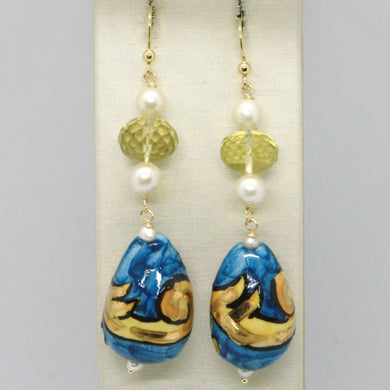 18k yellow gold earrings lemon quartz, blue ceramic drop hand painted in Italy.