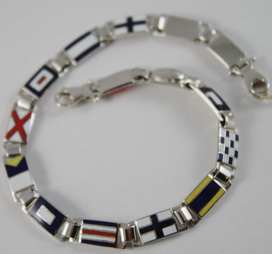 massive solid 18k white gold bracelet with glazed nautical flags, made in Italy.