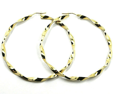 18K YELLOW GOLD CIRCLE HOOPS PENDANT EARRINGS BIG 5.6 cm x 4 mm BRAIDED, TWISTED.