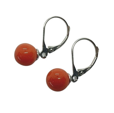 18k white gold leverback earrings balls spheres intense red coral, 8mm 0.3