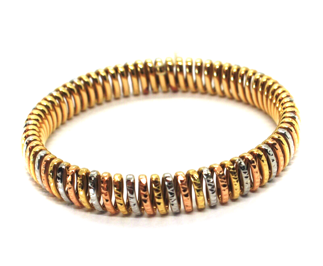 18K WHITE YELLOW ROSE GOLD ELASTIC BRACELET BIG WAVE 11 MM, FINELY WORKED BANGLE